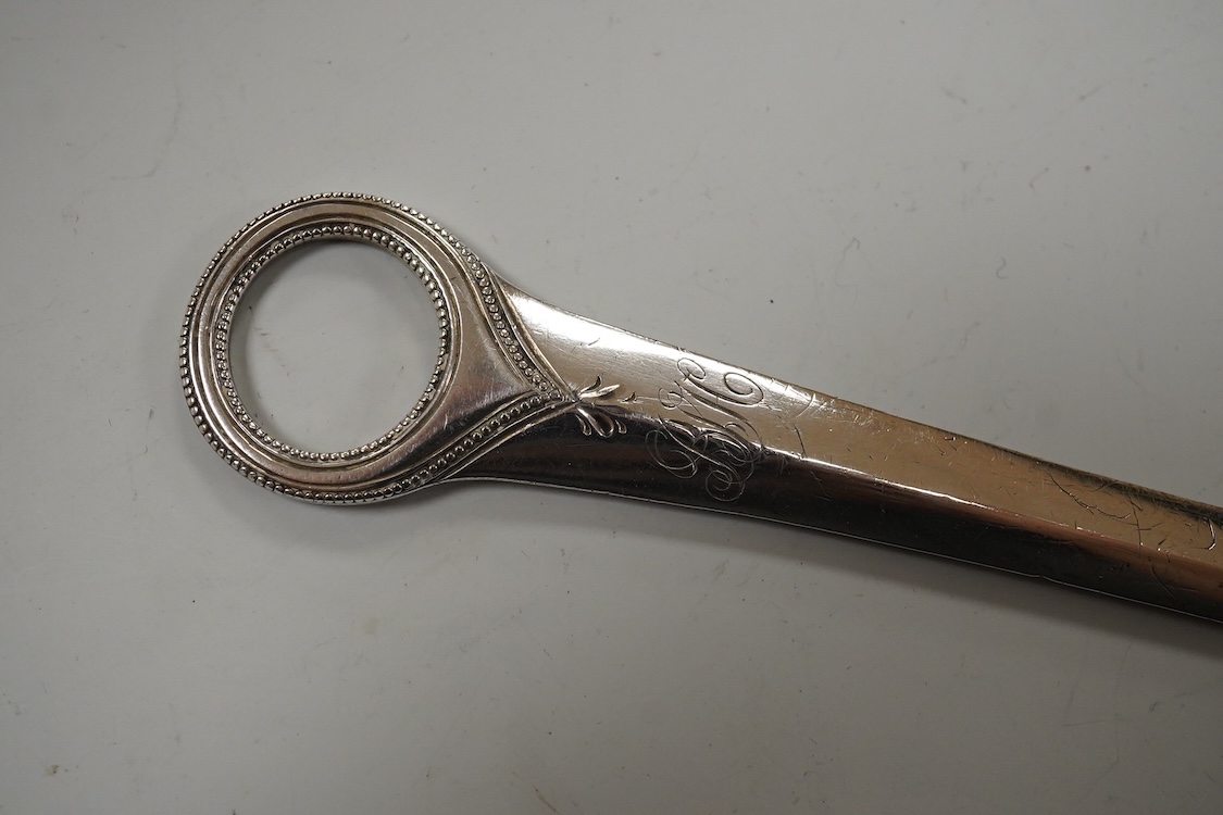 A George III silver meat skewer, with engraved monogram and beaded ring handle, William Sumner I, London, 1784, 28.5cm.